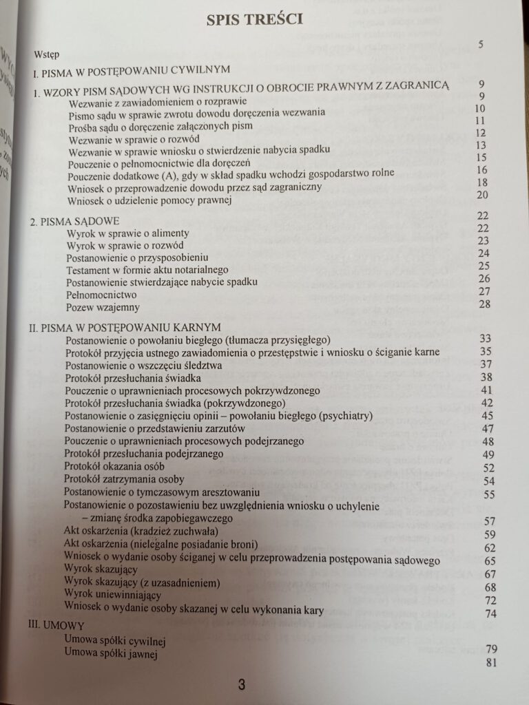 spis treści dokumenty polskie wybór dla tłumaczy sądowych w księgarni internetowej www antykwariat Szczecin