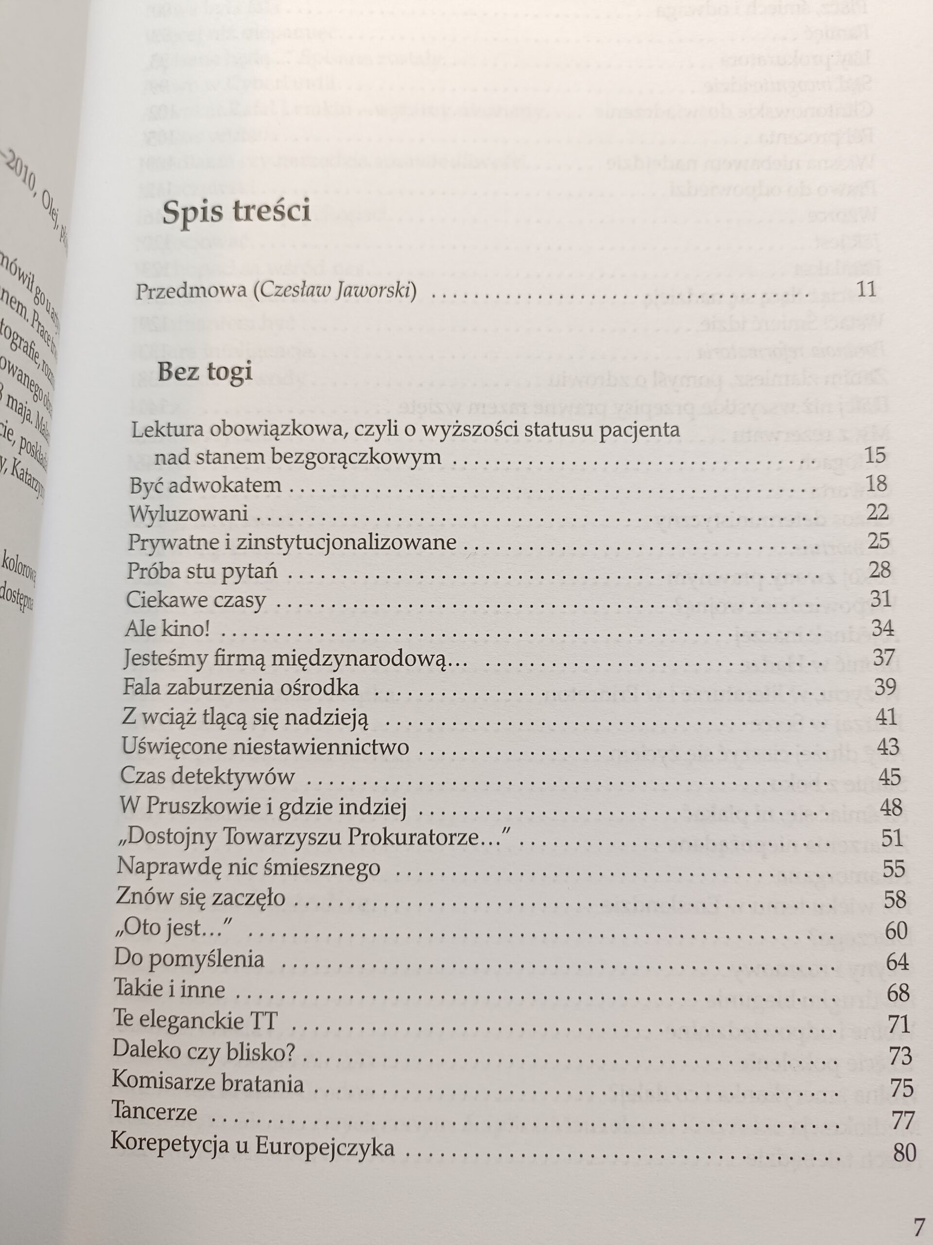 bez togi spis treści książki w antykwariat Szczecin